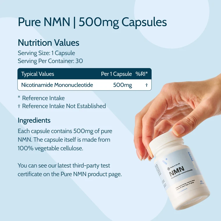 vivanmn Pure NMN nutrition panel — 500mg nicotinamide mononucleotide per capsule